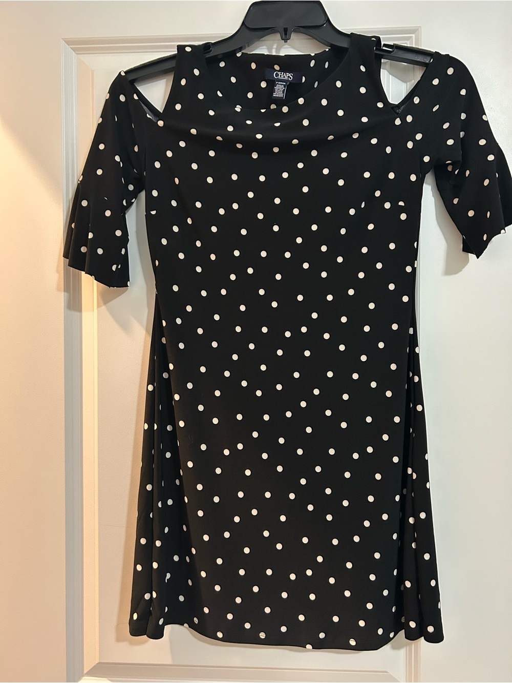 Chaps Black and White Polka Dot Cold-Shoulder Midi Dress